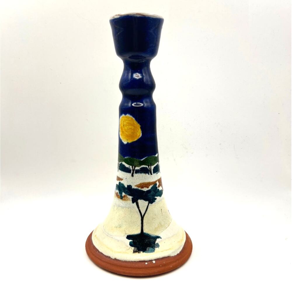 Vintage Olaria Nova Pottery Candlestick Portugal Hand Painted Landscape